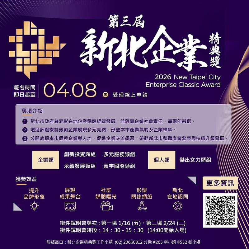 圖3：第3屆「新北企業精典獎」徵件至115年4月8日止，歡迎新北市企業踴躍報名，讓實力被市場與社會看見，成為新北產業的優質典範。
