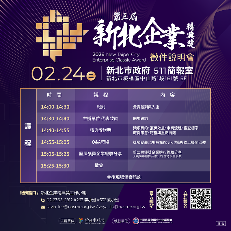 圖2:新北市政府經發局辦理第3屆「新北企業精典獎」,即日起報名至115年4月8日止,並將於115年2月24日辦理本屆第2場實體說明會。