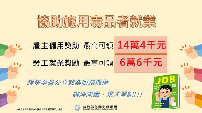 勞動部積極推動「施用毒品者就業服務計畫」。