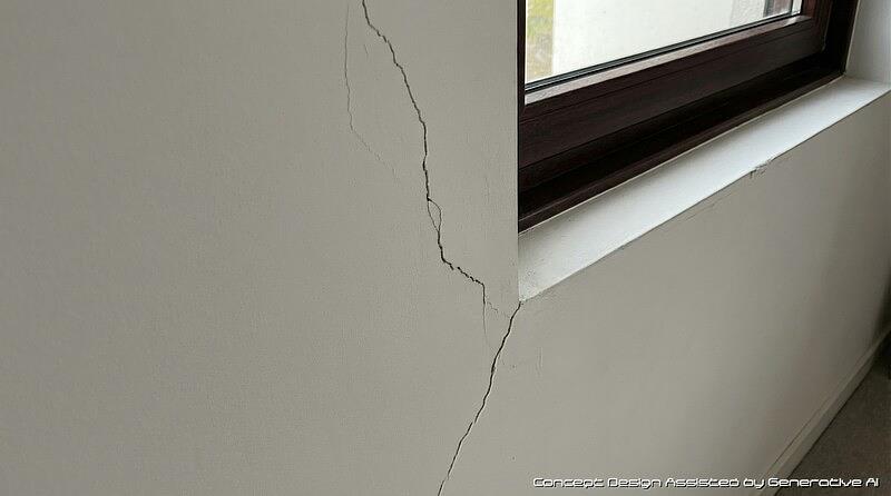 新成屋因地震外力或熱脹冷縮在窗框四周產生45°裂紋。