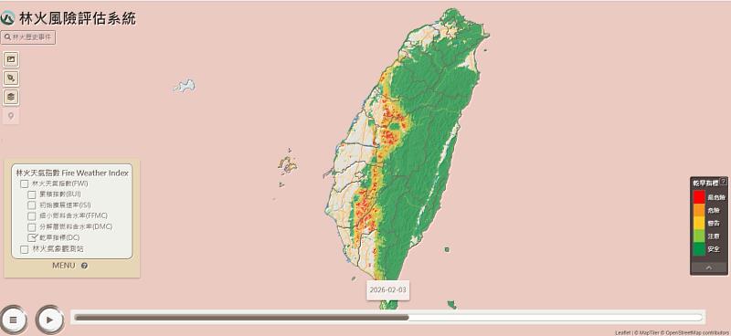 網際網路「林火風險評估系統」公布資料畫面，民眾可自行查詢全臺各地點即時林火氣象指標。