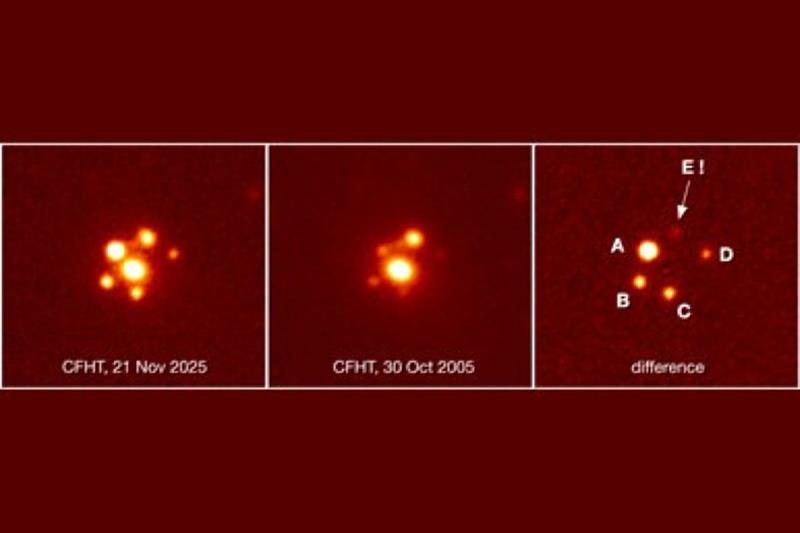 加法夏望遠鏡（CFHT）/MegaCam於2025年11月21日拍攝的影像揭示SN 2025wny（SN Winny）「可能的第5個透鏡影像」，以字母E標示。（圖片艾立安、陳婷琬、Stefan Taubenberger提供）