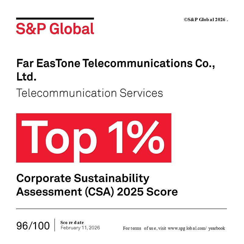 遠傳蟬聯入選標普全球最新《2026永續年鑑》，評分高居全球電信業第1，躋身前1%企業。