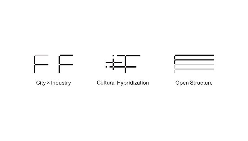 識別擷取「Taipei」與「Fashion」英文字首T、F的線條結構，透過線性構成與開放框架，象徵城市與時尚、地方與產業之間持續對話、相互生成的關係。