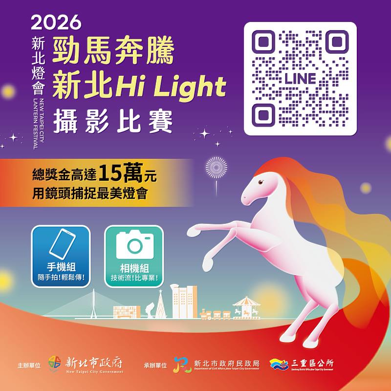 2026新北燈會有16大主題燈區、8大特色活動,好逛、好玩又好拍,吸引許多民眾拍照打卡,民政局特別舉辦攝影比賽,提供總獎金15萬元,邀請民眾當「神攝手」,用鏡頭捕捉燈會歡樂氣氛。