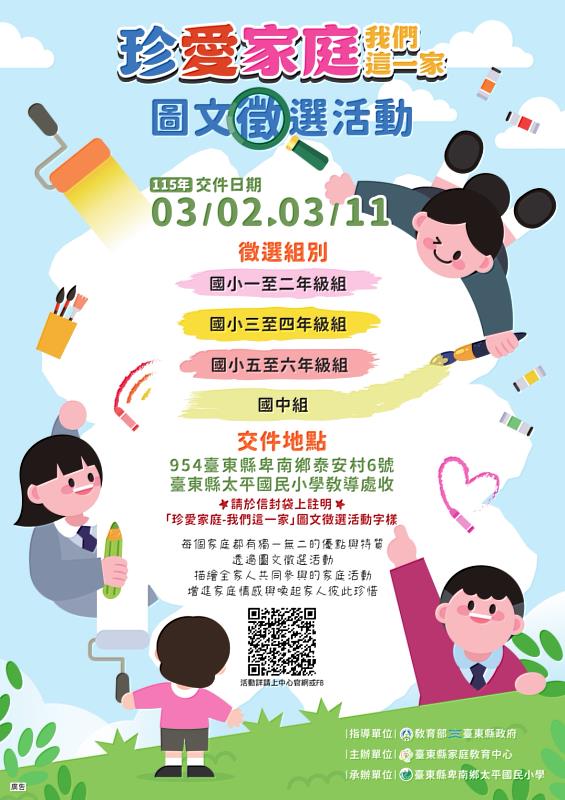 臺東「珍愛家庭」圖文徵選3/2起跑 獎額加碼至300份