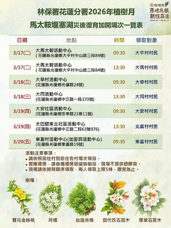 115年植樹活動場次-馬太鞍溪堰塞湖災後復育加開場次一覽表