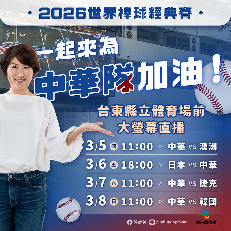 2026經典賽熱血開打！台東體育場4場次大螢幕直播 饒縣長邀您為中華隊及台東子弟加油！