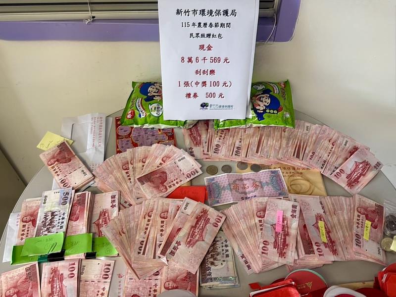 農曆春節期間民眾丟了就跑的紅包總計現金8萬6千569元，禮劵500元，中獎刮刮樂1張100元。