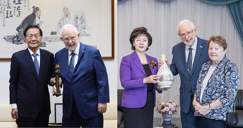 葛煥昭校長(左1)贈熊貓獎座予熊貓講者Arthur B. McDonald;張家宜董事長(右3)則贈Arthur B. McDonald淡江特色花瓶。(圖/淡江大學提供)