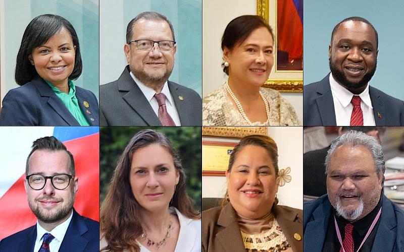 講者陣容涵蓋中南美洲與加勒比海、亞太地區，以及歐洲與中東等地的駐台大使及代表。（圖引自外交部長林佳龍臉書、馬尼拉經濟文化辦事處臉書、銘傳大學臉書、捷克經濟文化辦事處官網、以色列經濟文化辦事處官網、台灣光華雜誌官網與維基百科）