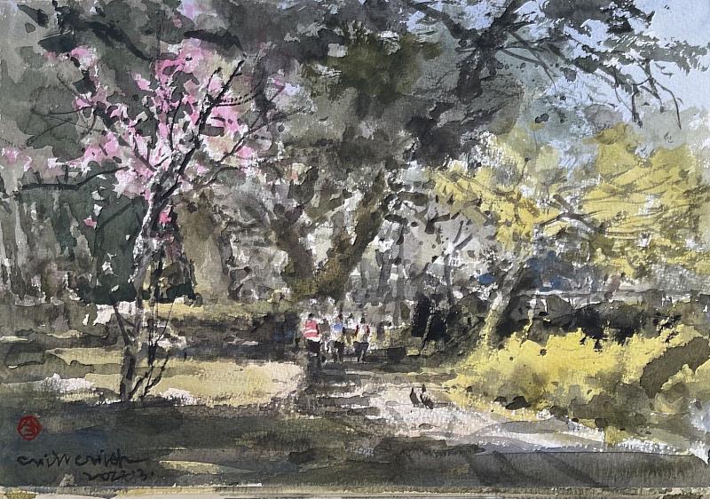 姚植傑老師作品《春櫻綻放的護城河畔》。