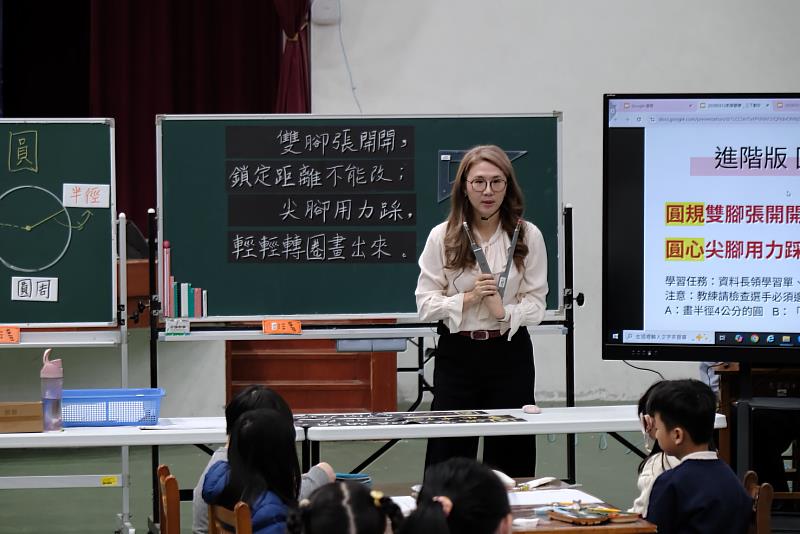 許貞雯老師示範圓規畫圓，引導出圓心與半徑。