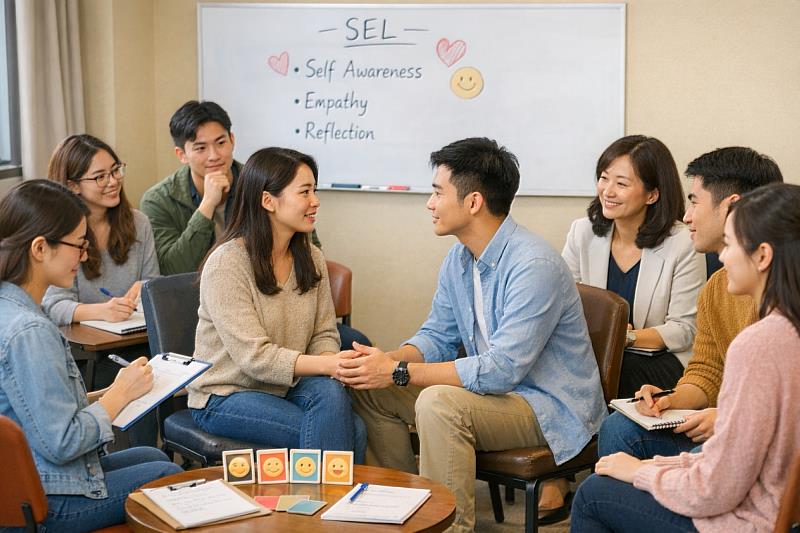 心理課堂中的角色扮演練習SEL（AI生成示意圖）。