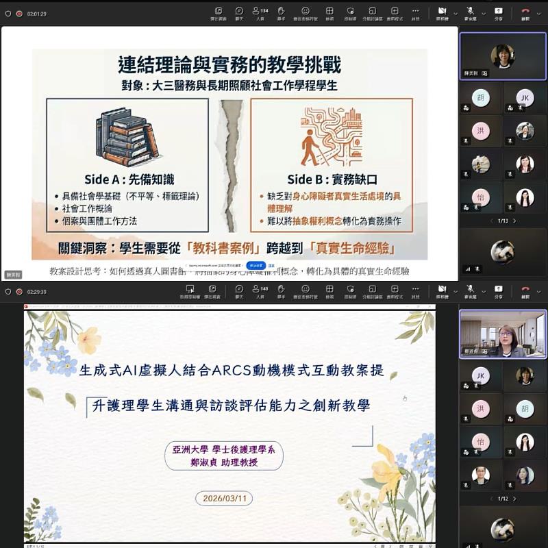 社會工作學系陳美智教授（上）分享公開授課教案；學士後護理學系鄭淑貞助理教授（下）分享「融入生成式AI或ChatGPT之教案」的教學設計。