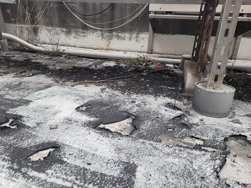 教師研習中心屋頂防水層嚴重龜裂剝離,保護層老化失效,雨水易滲入結構體,導致樓板滲水與鋼筋鏽蝕風險升高。