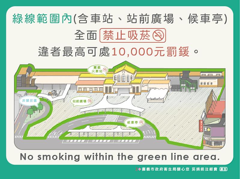 嘉義火車站前廣場禁菸標示。