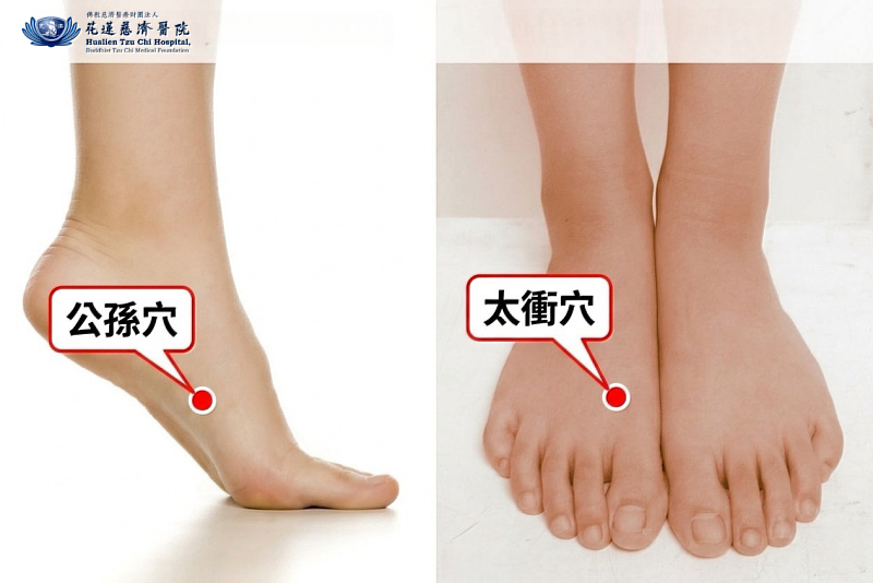 太衝穴，有助疏肝理氣、緩解情緒；公孫穴，有助調整脾胃、穩定氣機。