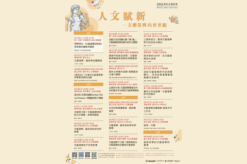 2026高科藝術季以「人文賦新－文藝復興的世界觀」為主題，規劃多元豐富的系列活動，涵蓋音樂、戲劇、展覽與講座等內容，全面展現人文藝術的跨域魅力，邀請師生一同參與這場融合古典與當代視野的藝術盛宴。