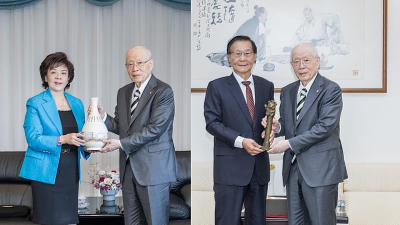 葛煥昭校長（右2）贈熊貓獎座予熊貓講者野依良治；張家宜董事長（左1）則贈野依良治淡江特色花瓶。（圖／淡江大學提供）