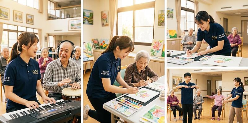 文大藝術學院師生帶領長者進行「肢體律動療癒」。融合簡易舞蹈與伸展動作,以簡單的暖身節奏帶動現場長者拍手、打拍子。藝術療癒打破傳統衛教,讓大學資源與醫療、社區體系結合,落實「活躍老化」與「健康賦能」的理念。圖為AI示意圖。