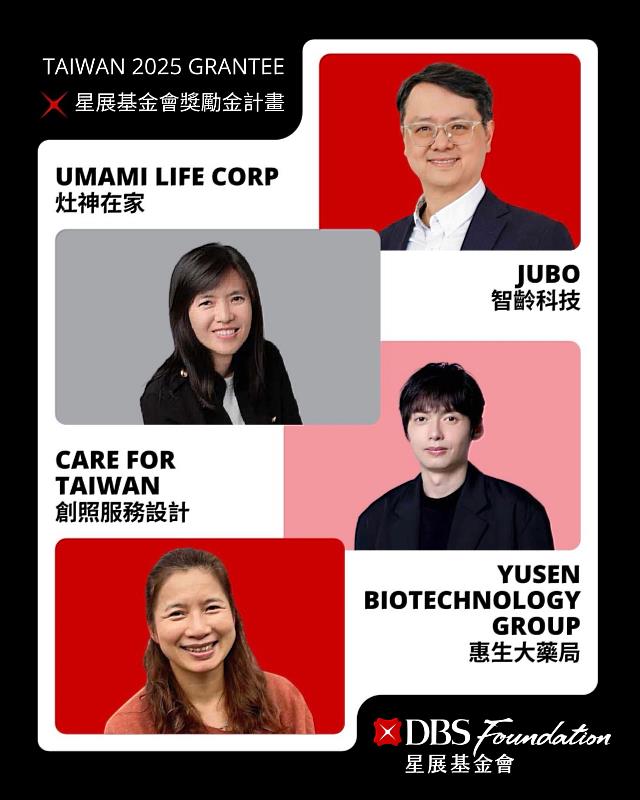 2025 年「星展基金會獎勵金計畫」徵選結果揭曉，來自台灣的智齡科技、灶神在家、創照服務設計與惠生大藥局，合計獲得約新台幣2,470萬元。