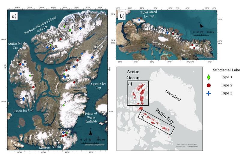本研究分析的所有活躍冰下湖在加拿大北極地區的具體位置。／圖片鄭懷傑助理教授提供