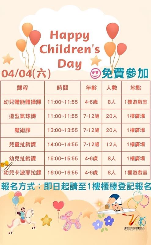 臺北市中山運動中心歡慶兒童節 4月4日免費體驗課程好康登場