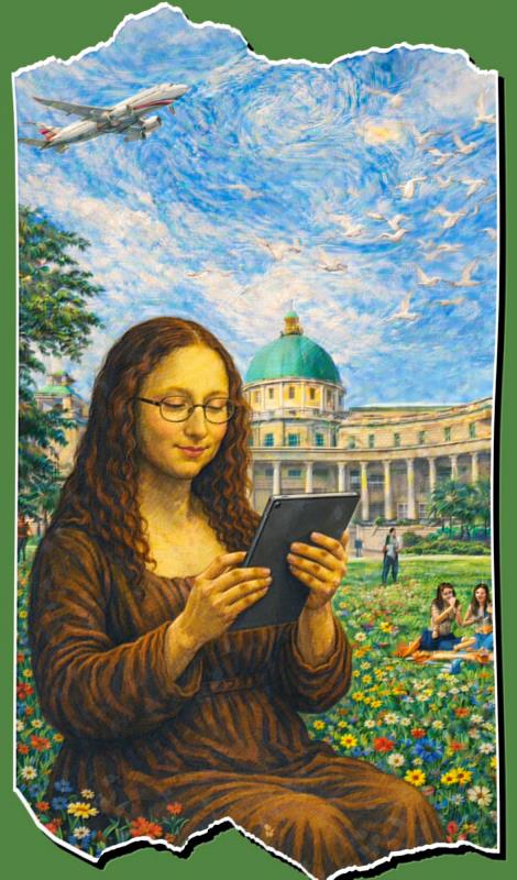 戴眼鏡的蒙娜麗莎在亞大草皮滑平板探索數位世界，生動體現學生的跨域創意與AI數位敘事力。