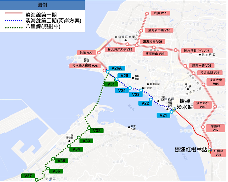 淡海線第二期與八里線路網圖。
