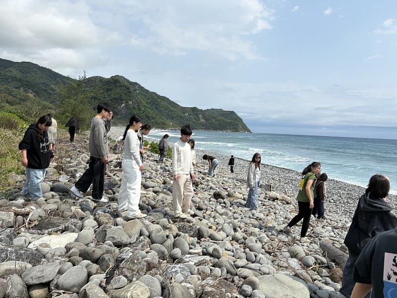學生踏查布滿石頭的母子海岸。