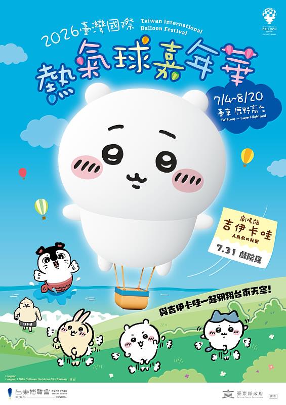 2026臺灣國際熱氣球嘉年華,7月4日至8月20日吉伊卡哇萌翻鹿野高台。(照片台東縣政府提供)