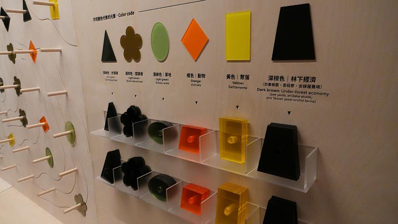 套圈圈互動區「共同想像的未來森林」，觀眾可將象徵不同元素的壓克力片放置於等高線牆面。（圖／林業及自然保育署提供）
