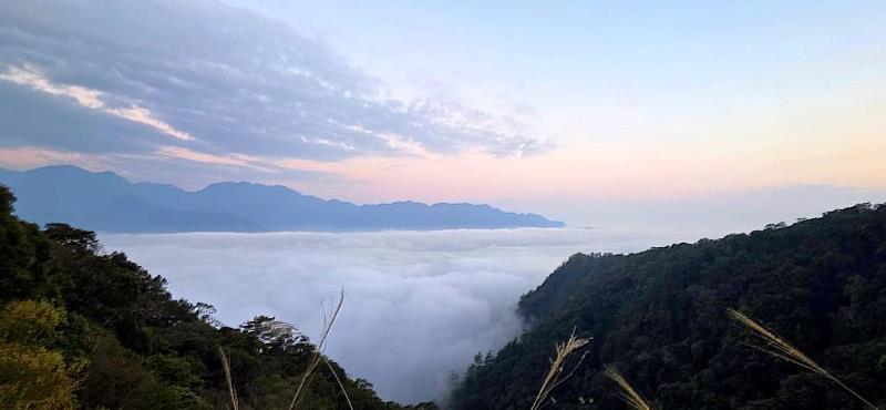 在天氣晴朗的午後，隨著空氣沉降，壯麗的雲海翻騰於山谷之間，與夕陽交織成多層次的柔和色彩，形成一幅如夢似幻的畫面，讓人流連忘返。