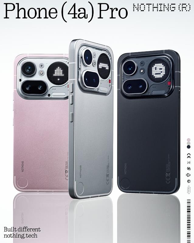 Nothing Phone (4a) Pro進一步推向旗艦規格,採用精密金屬一體成型機身,搭載Sony LYT700c主鏡頭與5,000萬畫素潛望式長焦鏡頭,支援驚人的140倍超遠變焦,並透過Ultra XDR技術呈現臨場感影像,Glyph Matrix燈效系統由137顆mini-LED組成,支援隨顯螢幕(AOD)互動顯示。