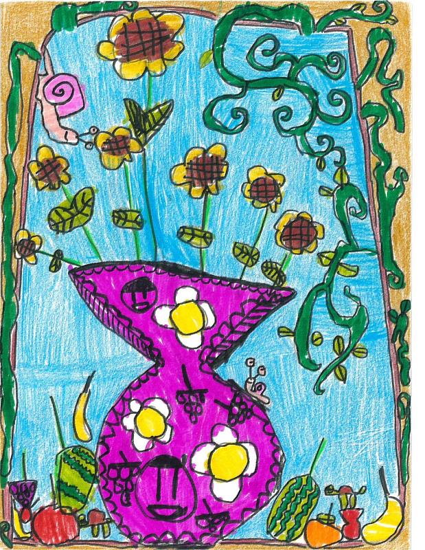 從展覽印象延伸創作，透過圖案與鮮豔色彩構築畫面，展現出鮮明且富有生命力的創作表現。（圖為五峰國小一年級畫作）