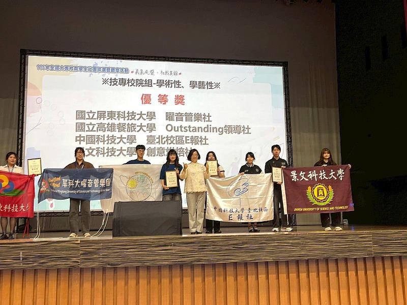 中國科大課外組E報社（右2）榮獲優等獎上臺授獎。（照片/校方提供）