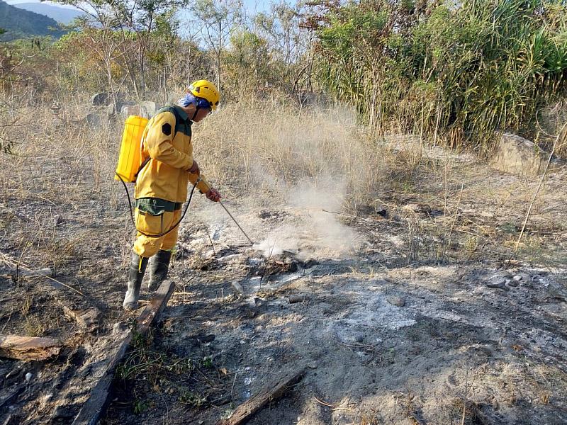 臺東分署森林護管員進行殘火處理。