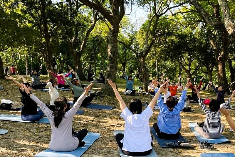 民眾於林間進行伸展與呼吸引導，透過五感沉浸自然，達到放鬆身心的療癒效果。