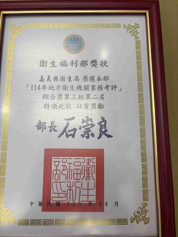 嘉縣衛生局114年績效亮眼 6大項目滿分奪亞軍