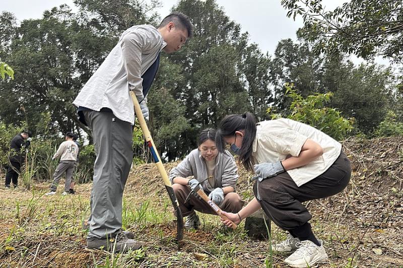 在企業支持下,自鍾家伙房棄耕茶園延伸至北平社區孟家果園進行生態林規劃,師生共同投入復育各項工作。