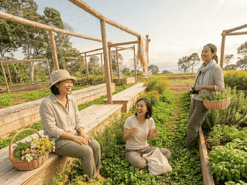 與好姊妹一起參加淺山農場導覽，認識各種香草植物，讓花草療癒化解各種生活的壓力。圖/六福旅遊集團提供