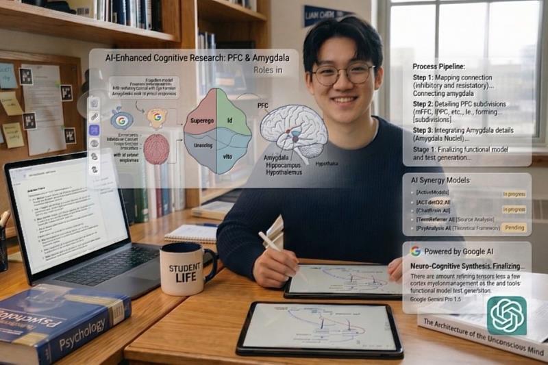 心理系課程引導學生運用生成式AI工具，深化學習基本心理歷程。（AI生成圖）