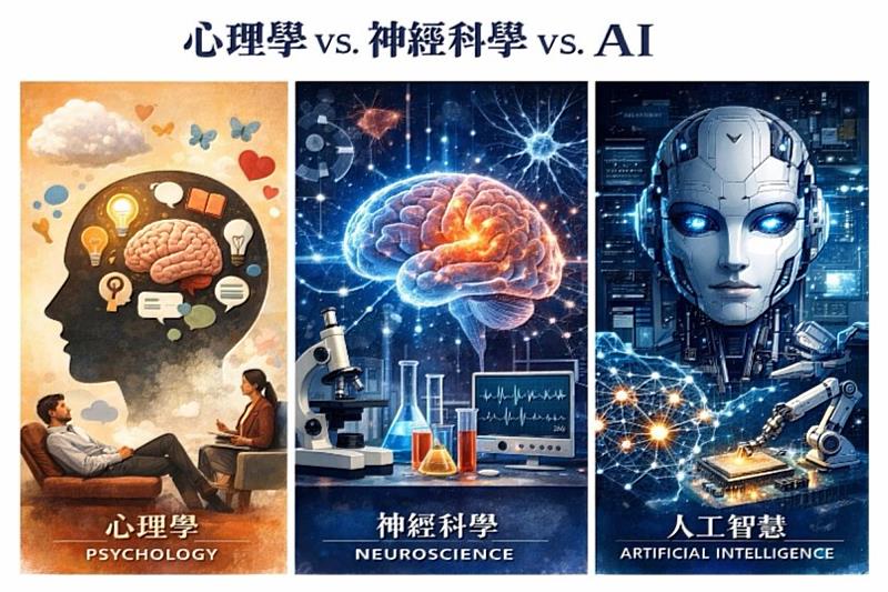 「心理學、神經科學、人工智慧的跨域整合」。（AI生成示意圖）