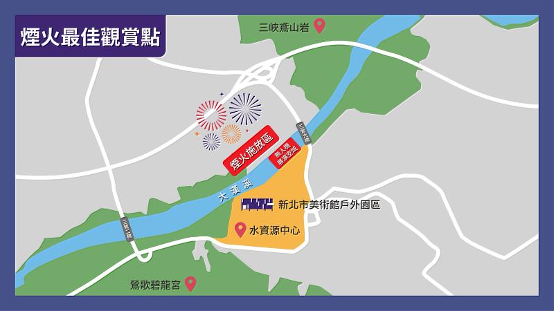 除新北市美術館戶外園區為主要觀賞點外，三鶯水資源回收中心、鶯歌碧龍宮及三峽鳶山岩等地，亦適合遠眺煙火及無人機展演。