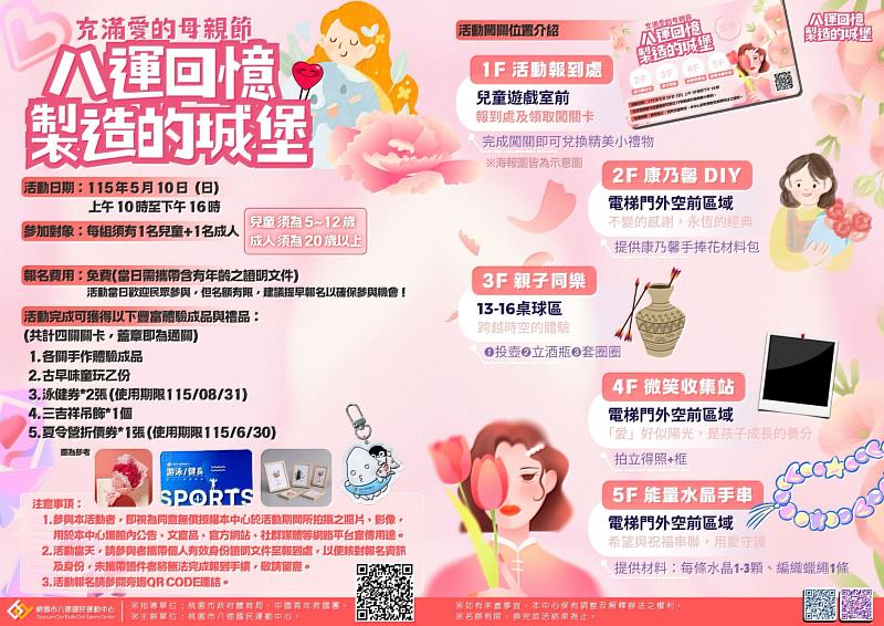 八德國民運動中心將於今年5月10日盛大舉辦「充滿愛的母親節，八運回憶製造的城堡」親子闖關活動。
