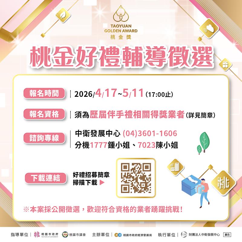 為扶植桃園市商業發展，協助地方特色禮品產業創新與傳承，桃園市經濟發展局推動「桃金好禮徵選」活動，114年4月17日起至5月11日開放報名，邀請歷屆得獎業者踴躍參與。（圖／中衛發展中心提供）.
