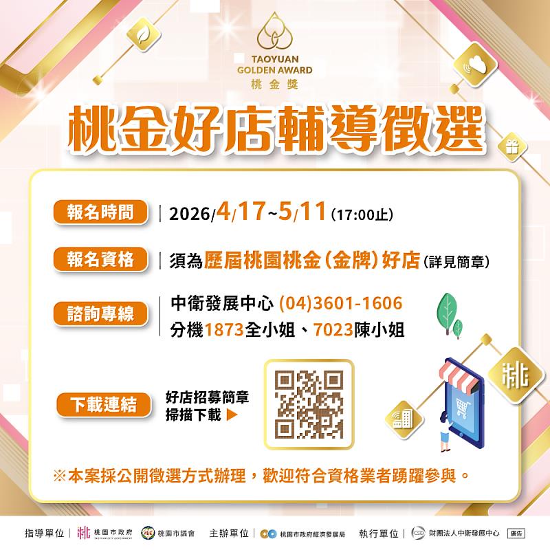 為提升桃園優質店家品牌形象，促進在地商業升級，桃園市經濟發展局辦理「桃金好店徵選」活動，114年4月17日至5月11日受理報名，歡迎歷屆桃金好店業者報名參選。（圖／中衛發展中心提供）.