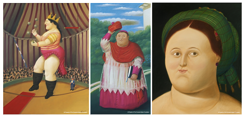 獨特的藝術表現，不只帶來幸福與療癒，更暗藏現實的幽默嘲諷。左：《走繩雜耍者》Fernando Botero, Juggler on the Rope, 2007中：《主教》Fernando Botero, A Bishop, 2002右：《年輕女子肖像，致敬拉斐爾》Fernando Botero, After Raphael 