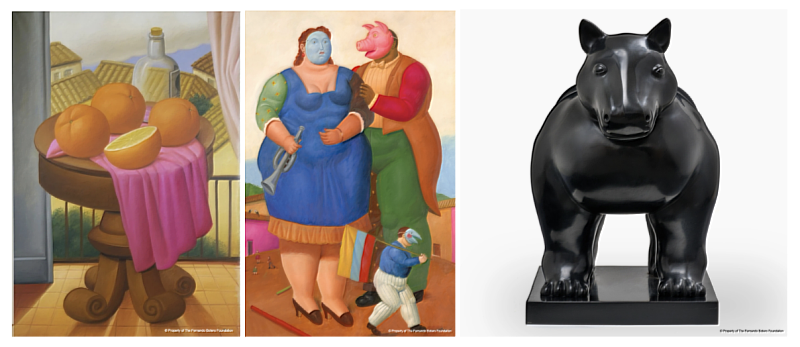 今夏首度登台《圓潤的魔法 波特羅特展》，將一口氣帶來超過百件巨型畫作與立體雕塑。左：《陽台前靜物》Fernando Botero, Still Life in Front of Balcony , 2000中：《嘉年華 X》Fernando Botero, Carnival X, 2016右：《狗》Fernando Botero, Dog, N,D